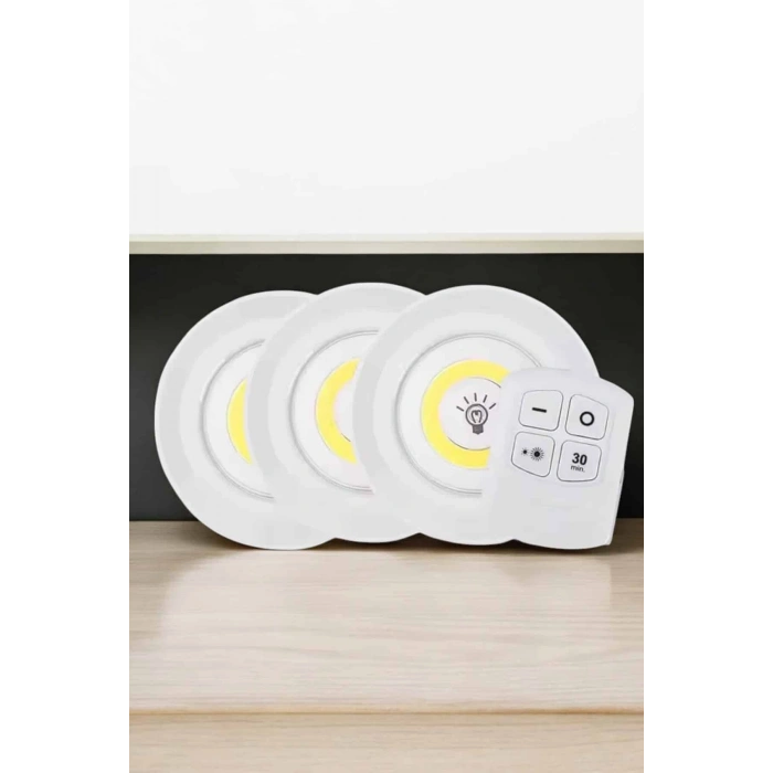 Nevamel Spot Lamba Led Işık 3lü Uzaktan Kumandalı Pilli Yapışkanlı Kablosuz