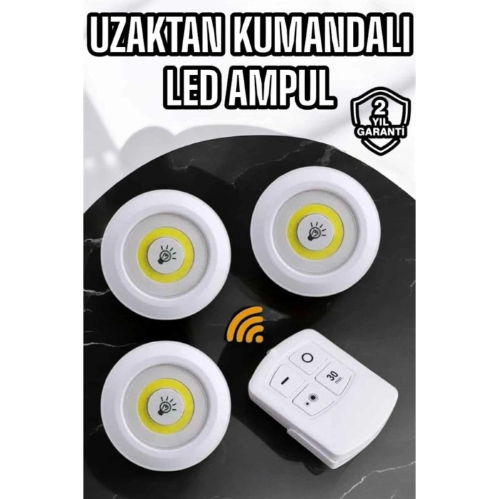 Nevamel Spot Lamba Led Işık 3lü Uzaktan Kumandalı Pilli Yapışkanlı Kablosuz