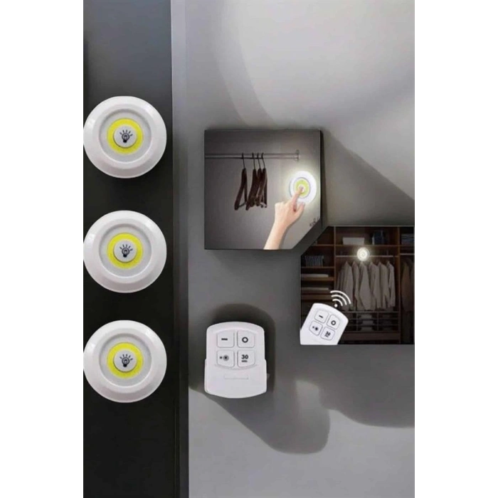 Nevamel Spot Lamba Led Işık 3lü Uzaktan Kumandalı Pilli Yapışkanlı Kablosuz
