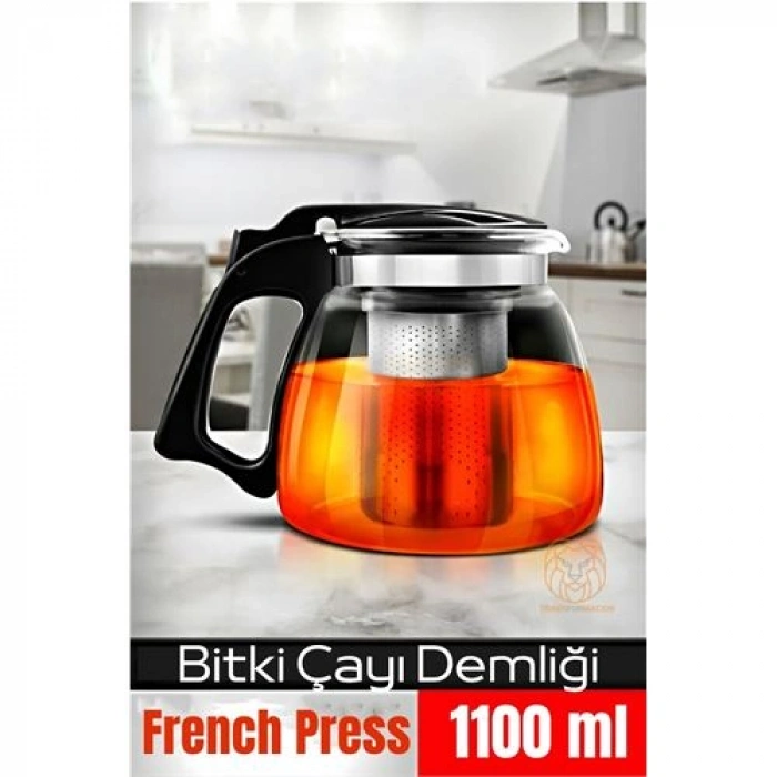 Nevamel®  Süzgeçli French Press Cam Demlik 1100 Ml Bitki Çayı Demliği