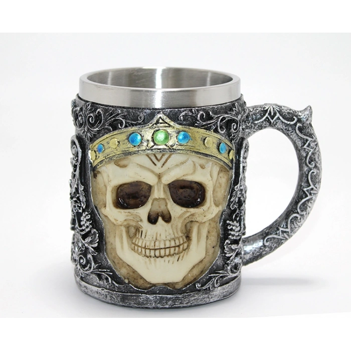 Nevamel® Taçlı Kurukafa Kralı 3D Kabartmalı Çelik Kupa Bardak