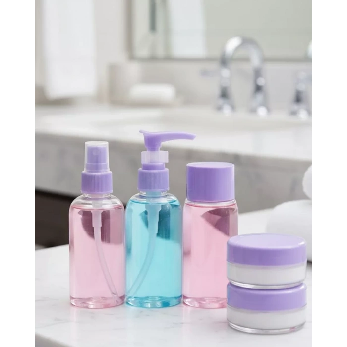 Nevamel® Taşınabilir 5’li Seyahat Banyo Seti Şeffaf Kozmetik Kapları