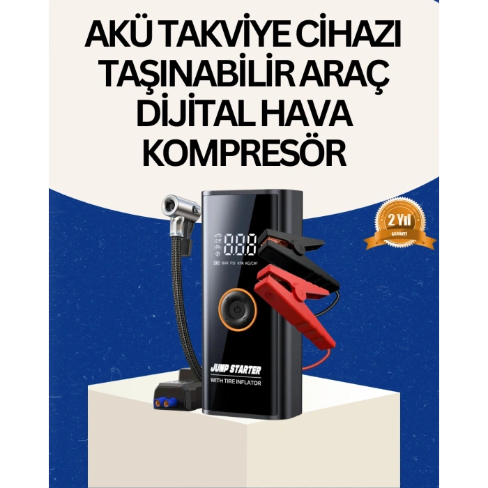 Nevamel® Taşınabilir Akü Takviye ve Akıllı Lastik Şişirme Pompası