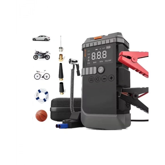 Nevamel® Taşınabilir Araç Çalıştırma Jump Starter Hava Pompası Dijital Basınç Göstergeli Güç Bankası