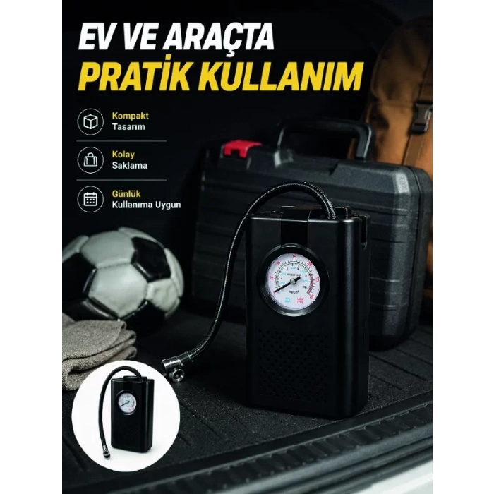 Nevamel® Taşınabilir Araç Hava Pompası Analog Manometreli Lastik Şişirme Pompası