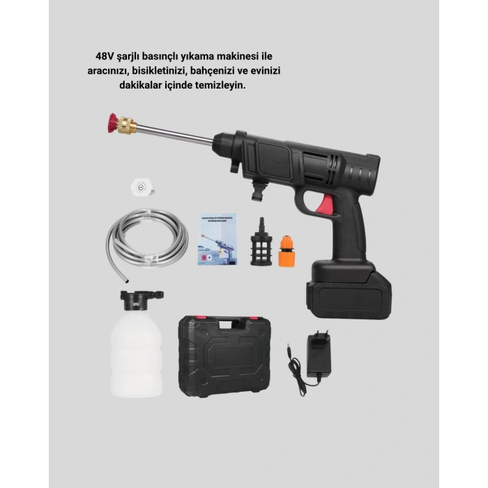 Nevamel® Taşınabilir Basınçlı Yıkama Makinesi – 5m Hortumlu Köpük Şişeli 48V Güçlü
