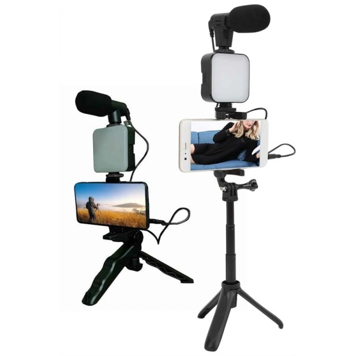 Nevamel Telefon Tutucu Led Işıklı Kumandalı Mikrofon Telefon Vlog Video Kayıt