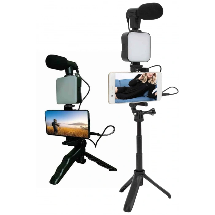 Nevamel Telefon Tutucu Led Işıklı Kumandalı Mikrofon Telefon Vlog Video Kayıt