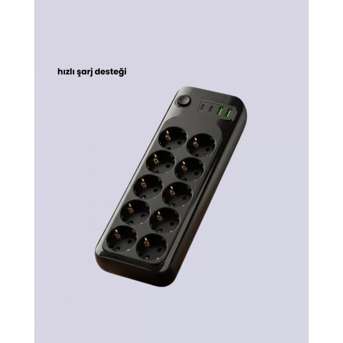 Nevamel® Termal Akım Korumalı 10’lu Grup Priz USB Type-C Hızlı Şarj 2500W 2m Kablo