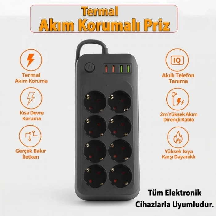 Nevamel® Termal Akım Korumalı 8 Prizli Uzatma Kablosu