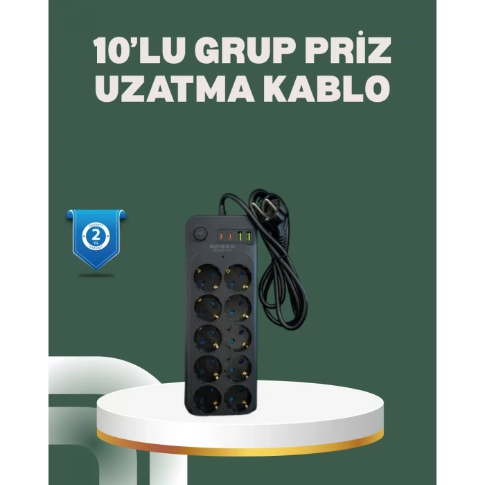 Nevamel® Termal Koruma Sistemli USB Type-C 10’lu Grup Priz 2m 2500W Güç Kapasiteli