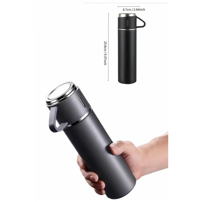 Nevamel Termos Paslanmaz Çelik Termos Siyah Renk 3 Bardaklı Termos Seti