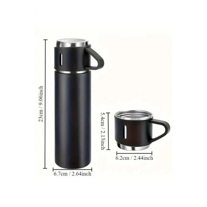 Nevamel Termos Seti 3lü Bardak Seti Isı Dayanıklı Siyah Paslanmaz Çelik Vakumlu