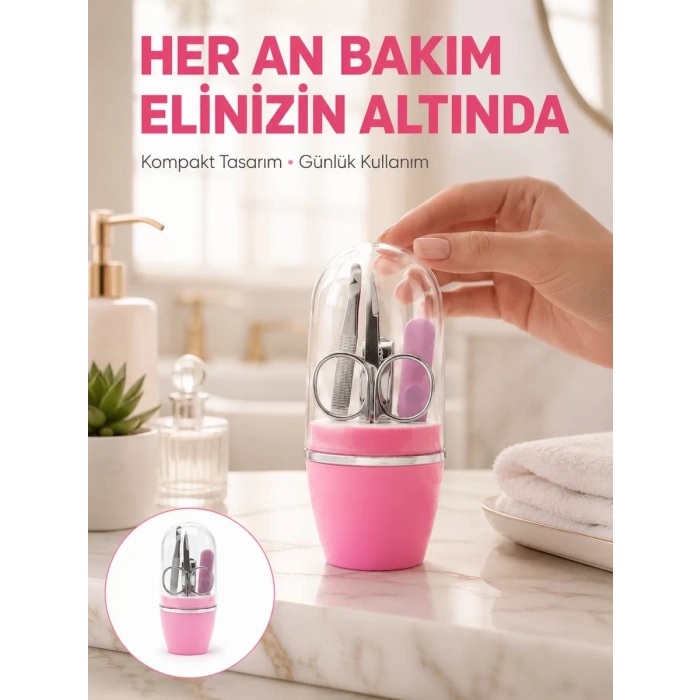 Nevamel® Tırnak Bakım Manikür Pedikür Seti 4 Parça Pembe Pratik Günlük Kullanım Yeni Nesil