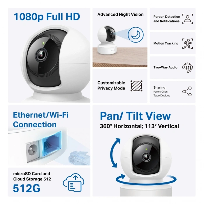 Nevamel® TP-LINK Tapo C202 Bebek/Ev Güvenlik Kamerası WiFi-Ehernet 1080P 12Mt Gece Görüşü PAN/TILT iki Yönlü Ses(1923)