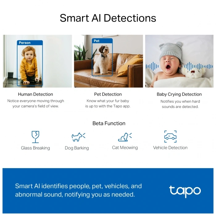 Nevamel® TP-LINK Tapo TC72 (C220) 2K QHD 40Mpix İç Mekan WiFi 9Mt. Gece Görüşü 360 Dönüş İki Yönlü Ses Güvenlik Yapay Zeka Destekli Kamera(1923)