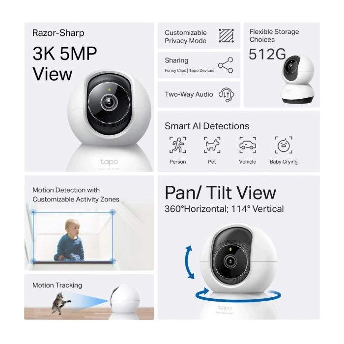 Nevamel® TP-LINK Tapo TC74 (C230) 3K 50Mpix İç Mekan WiFi 12Mt. Gece Görüşü 360 Dönüş İki Yönlü Ses Güvenlik Yapay Zeka Destekli Kamera(1923)