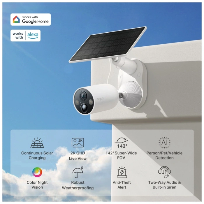Nevamel® TP-LINK Tapo TC85 KIT (C425 KIT) 2K QHD 40Mpix Dış Mekan IP66 WiFi 15Mt. Renkli Gece Görüşü İki Yönlü Ses Yapay Zeka Destekli Güneş Enerjili Güvenlik Kamerası Kiti(1923)