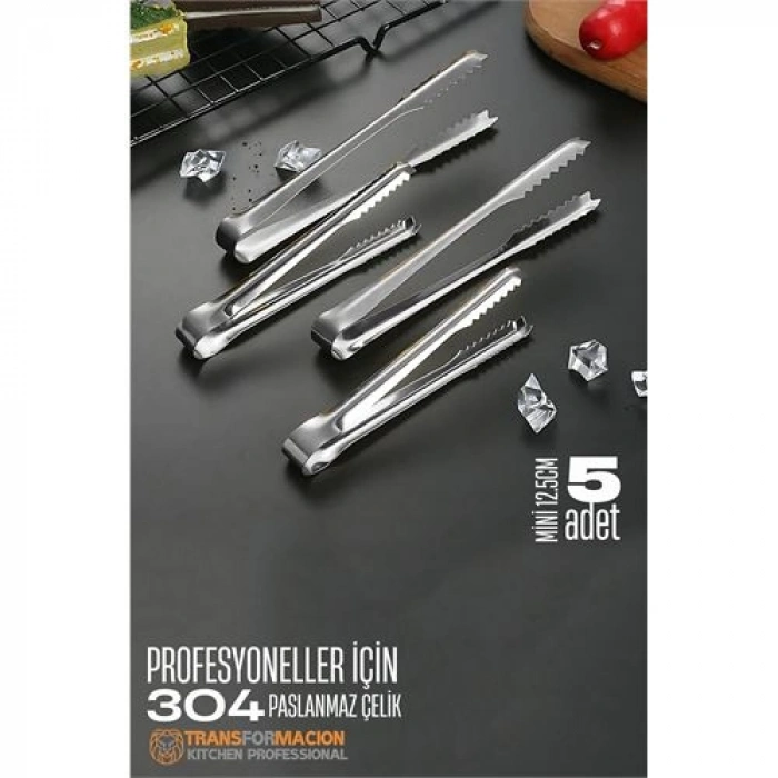Nevamel® Turk Mini 12.5 cm Buz Maşası - Şeker Limon Maşası Kokteyl Servis Maşası 5 li PAKET 304 Paslanmaz Çelik