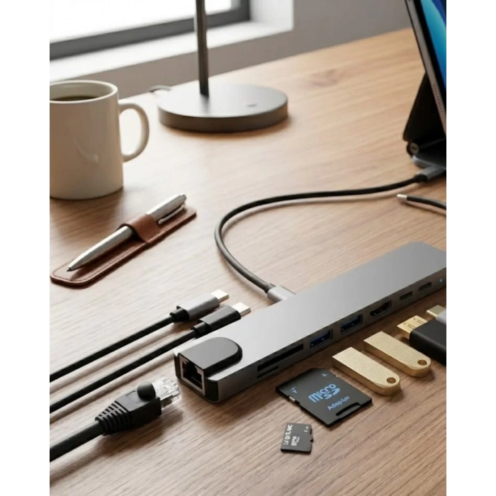 Nevamel® Type C Çoklu Port Hub 8 Port USB HDMI SD Kart Ethernet Adaptör