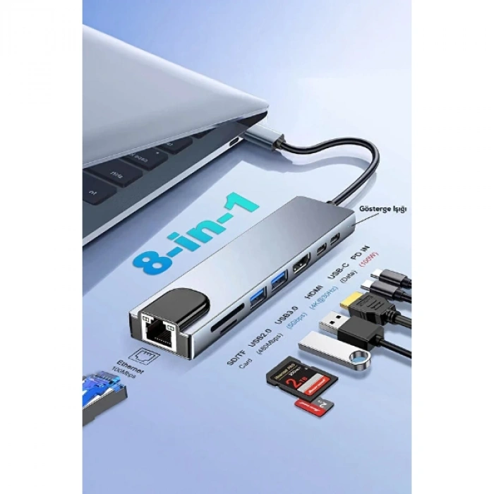 Nevamel Type C Girişli 8 Port Dönüştürücü Ve Çoklayıcı