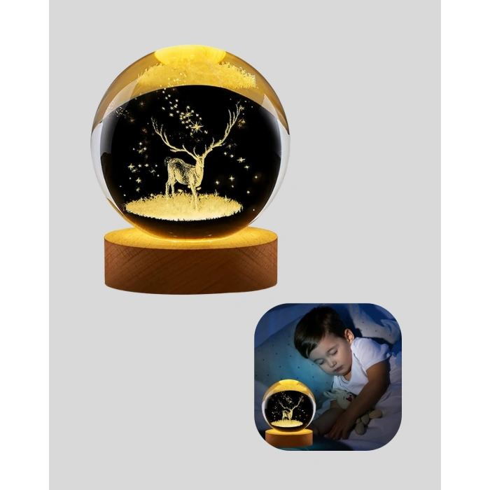 Nevamel® USB Bağlantılı Geyik Temalı Kristal Küre Premium Masa Gece Lambası
