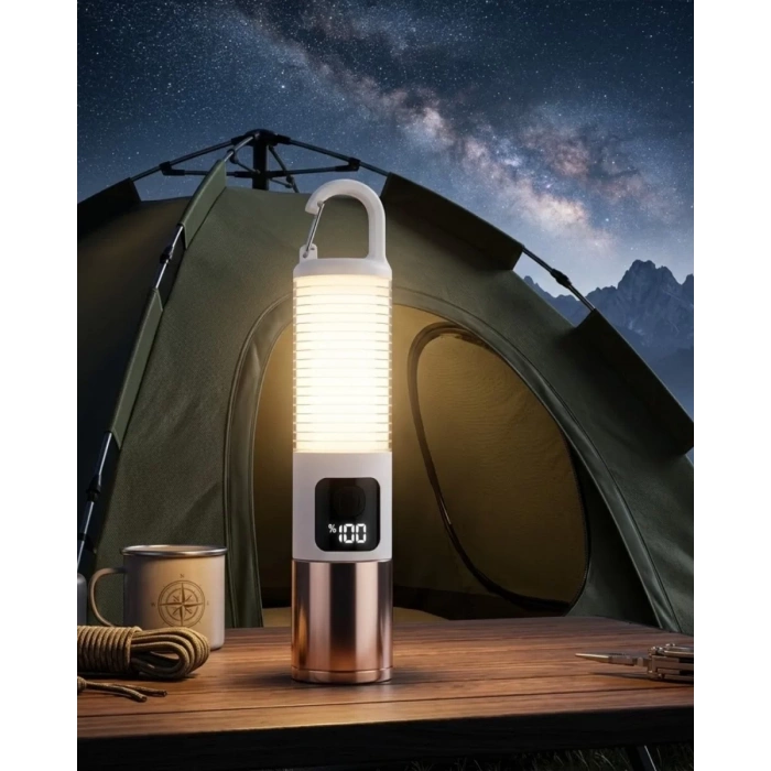 Nevamel® USB Şarjlı Kamp Feneri Çift Işık Kaynağı 500 Lümen Güç Ekranlı Taşınabilir LED Aydınlatma