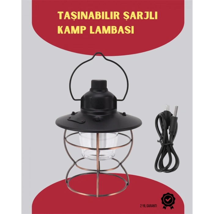 Nevamel USB Şarjlı Retro LED Kamp Feneri – 4 Işık Modu Su Geçirmez Taşınabilir