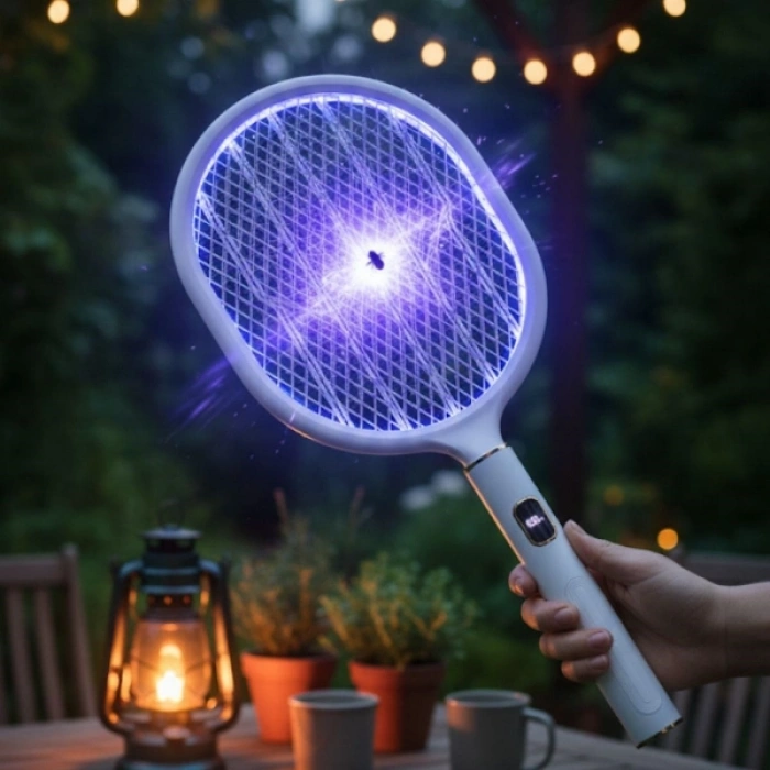 Nevamel USB Şarjlı Standlı Şarj Göstergeli UV Işıklı Beyaz Sinek Öldürme Raketi