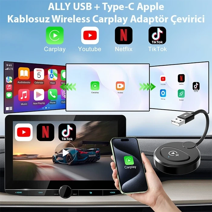 Nevamel USB+Type-C Apple Kablosuz Wireless Carplay Adaptör Çevirici -Youtube Netflix Tiktok Video Yansıtıcı-(5775)