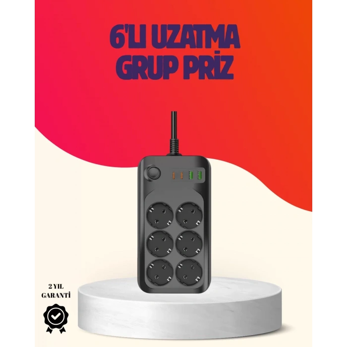 Nevamel® USB Type-C Destekli Termal Korumalı 6’lı Uzatma Priz 10A 2m