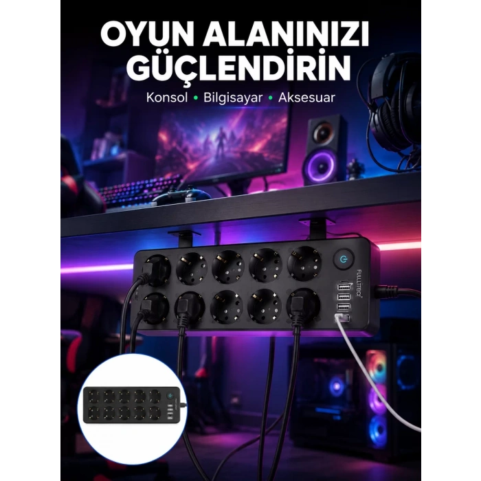 Nevamel® USB ve Type-C Çıkışlı 10lu Akım Korumalı Çoklu Priz Güç Dağıtıcı