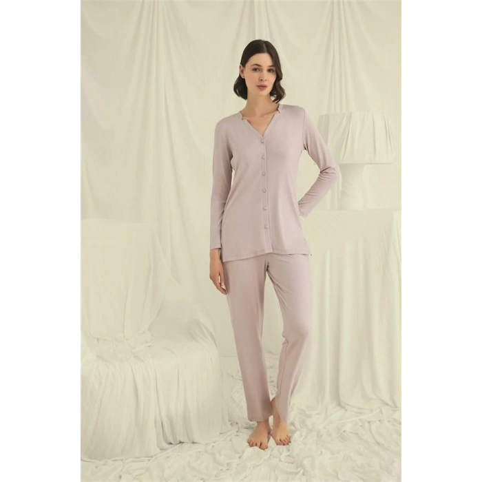 Nevamel® Uzun Kollu Boydan Düğmeli V Yaka Pijama Takımı