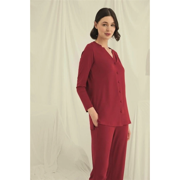 Nevamel® Uzun Kollu Boydan Düğmeli V Yaka Pijama Takımı