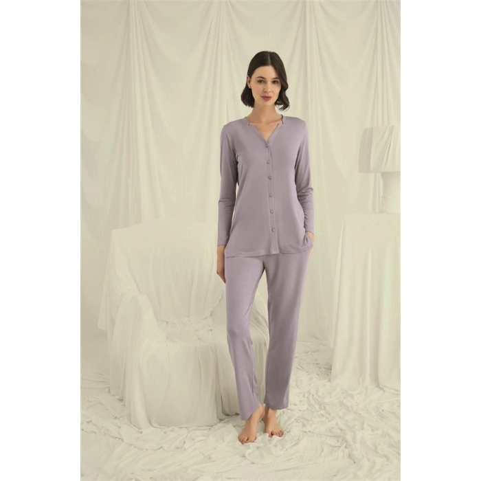 Nevamel® Uzun Kollu Boydan Düğmeli V Yaka Pijama Takımı