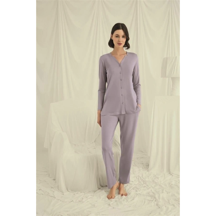 Nevamel® Uzun Kollu Boydan Düğmeli V Yaka Pijama Takımı