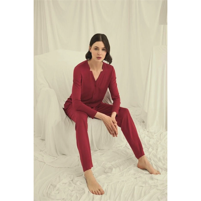 Nevamel® Uzun Kollu Boydan Düğmeli V Yaka Pijama Takımı