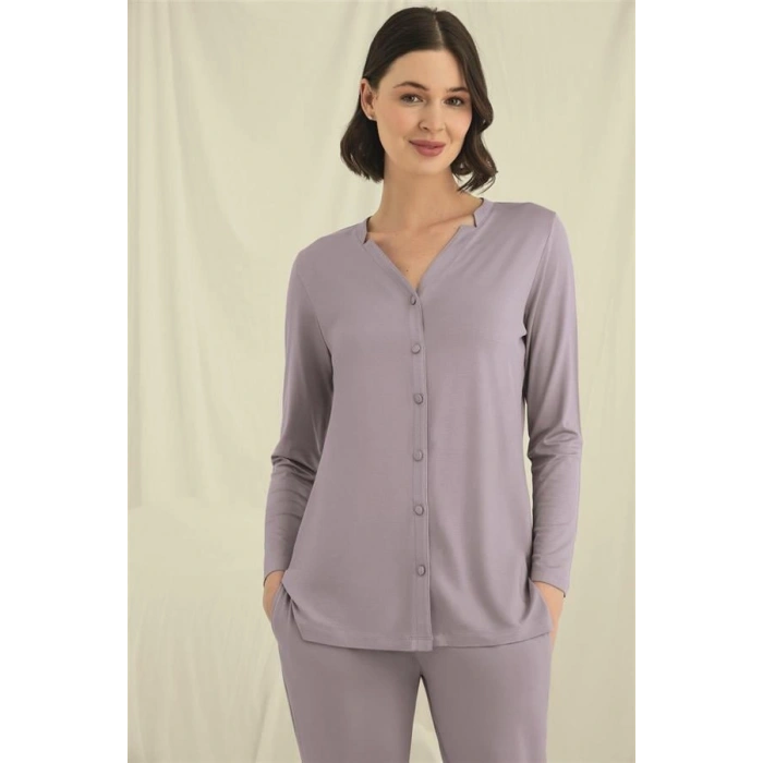 Nevamel® Uzun Kollu Boydan Düğmeli V Yaka Pijama Takımı