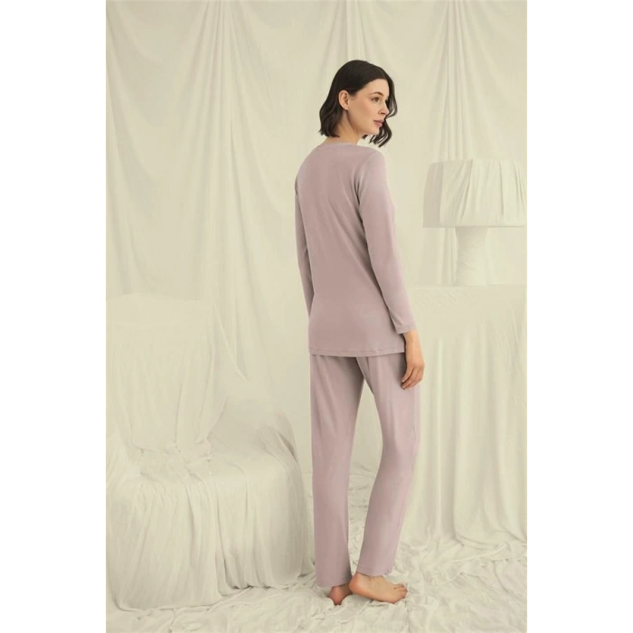 Nevamel® Uzun Kollu Boydan Düğmeli V Yaka Pijama Takımı