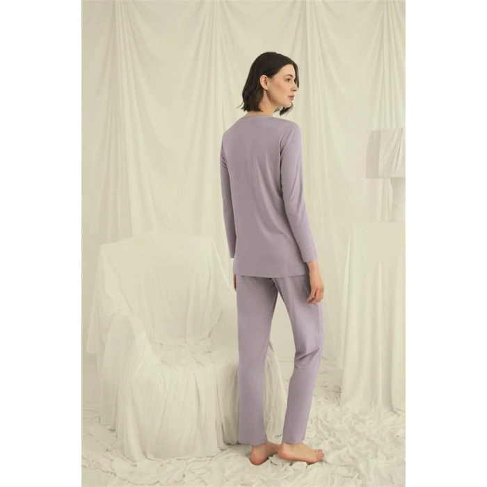 Nevamel® Uzun Kollu Boydan Düğmeli V Yaka Pijama Takımı