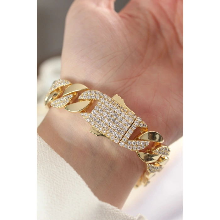Nevamel® Vip Seri Pirinç Zirkon Taşlı Gold Renk Gurmet Bileklik 5886