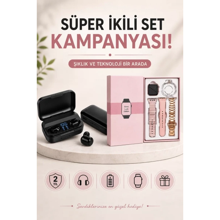 Nevamel® Wireless Şarjlı Pembe Akıllı Saat ve Kablosuz Bluetooth Kulaklık Dokunmatik Kontrol