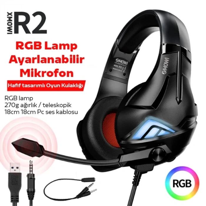Nevamel XMOWi R2 Gaming Mikrofonlu RGB Oyuncu Kulaklılığı Gurultu Engelleyici Kulaklik-(5775)