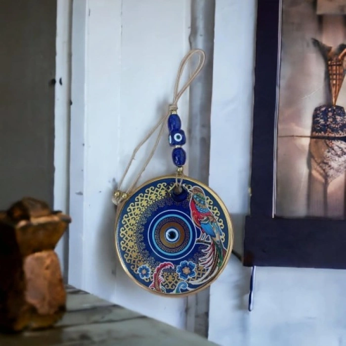 Nevamel Yaldızlı Bülbül Kuşlu Çicekli Nazar Boncuklu Duvar Süsü Camlı Duvar Dekoru