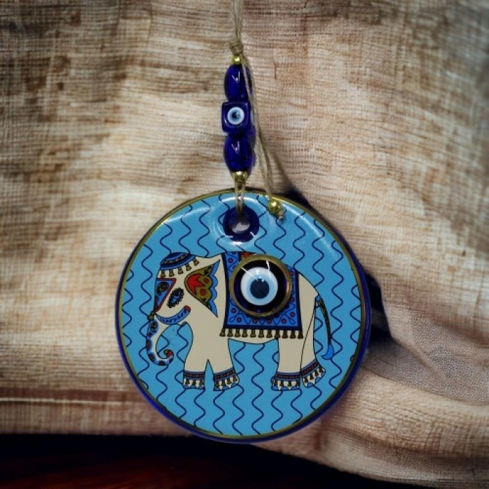 Nevamel Yaldızlı Fil Modelli Nazar Boncuklu Duvar Süsü Mavi Camlı Duvar Dekoru