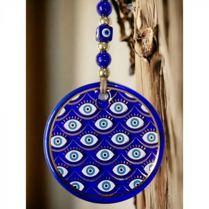 Nevamel Yaldızlı Gözlerle Motiflendirilmiş Nazar Boncuklu Duvar Süsü Cam Duvar Dekoru