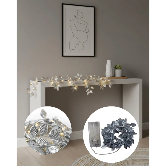 Nevamel® Yaldızlı Gümüş Yaprak LED Işık Pilli Dekoratif Ortam ve Yılbaşı Aydınlatması