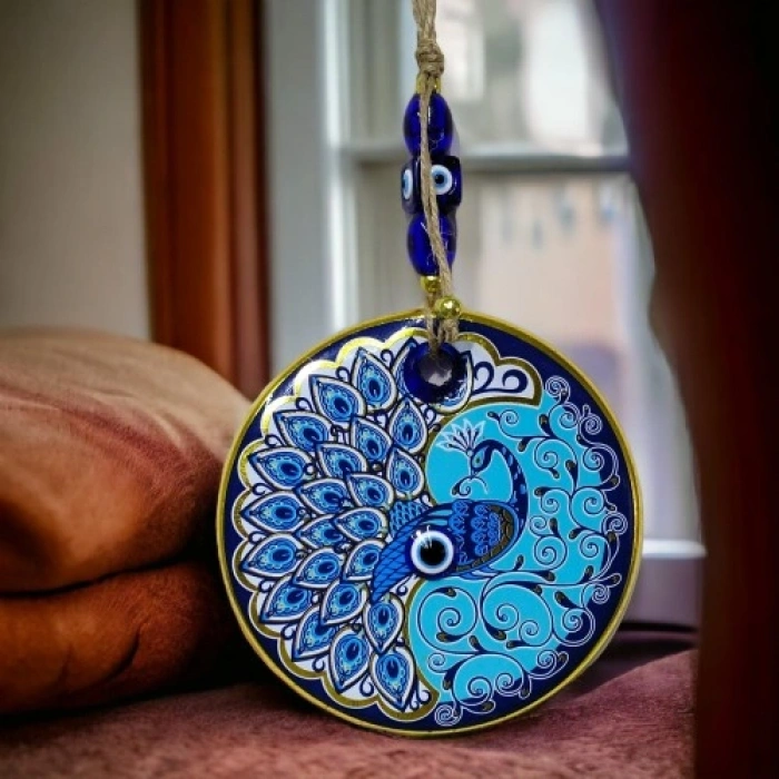 Nevamel Yaldızlı Nazar Boncuklu Tavus Kuşu Duvar Süsü Cam Duvar Dekoru