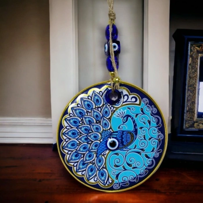 Nevamel Yaldızlı Nazar Boncuklu Tavus Kuşu Duvar Süsü Cam Duvar Dekoru