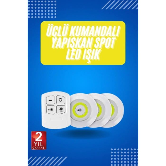 Nevamel Yapışkanlı 3lü Spot Led Işık Lamba Montajsız Pilli Uzaktan Kumandalı